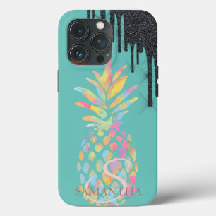 Zwarte Glitters Drips Ananas Mint Groen iPhone 13 Pro Hoesje