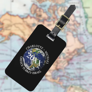 Zwarte globe wereldkaart aarde cruise namen jaar bagagelabel