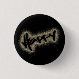 ZWARTE GLOWING HAPPY GRAFFITI RONDE BUTTON 3,2 CM