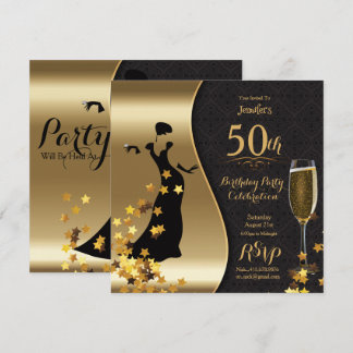 Zwarte & Gold Art Deco 50th Birthday Invitation Kaart