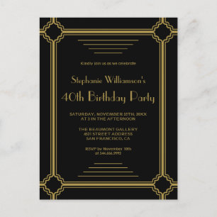 Zwarte & Gold Art Deco Border Birthday Party Uitnodiging Briefkaart