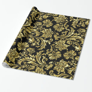 Zwarte & Gold Floral Damaskers Cadeaupapier