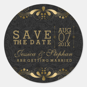 Zwarte & Gold Floral-zijde sparen de datum Ronde Sticker