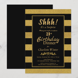 Zwarte & Gold Striped Surprise 21st geboortedag Kaart