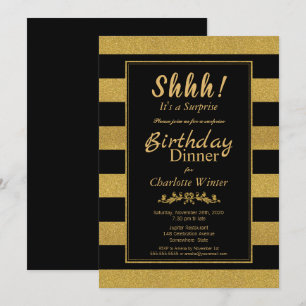 Zwarte & Gold Striped Surprise Birthday Dinner Kaart