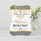 Zwarte & Gold Stripes met Confetti Save The Date (Staand voorkant)