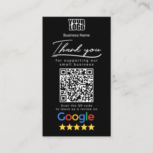 Zwarte Google Review Sjabloon met QR Code Link Visitekaartje (Voorkant)