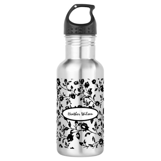 Zwarte Gothic Floral Water Flacon met naam Waterfles (Voorkant)