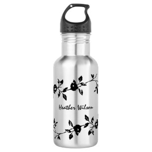 Zwarte Gothic Floral Water Flacon met naam Waterfles