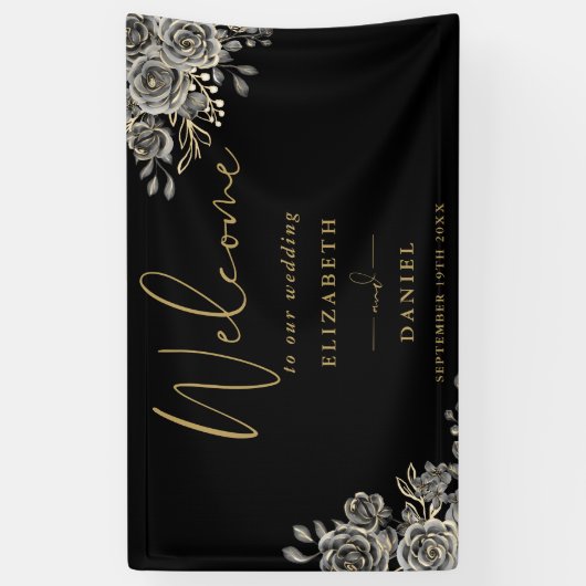 Zwarte gotische en gouden bloemige huwelijksbegroe spandoek (Verticaal)