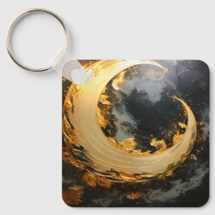 Zwarte Goud Abstracte Draaikolk Moderne Maan Sleutelhanger