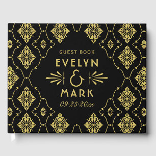 Zwarte Goud Damast Trouw Monogram Gastenboek
