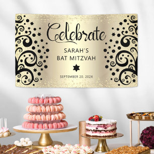 Zwarte Goud Folie Bat Mitzvah Boom des Levens Schr Spandoek