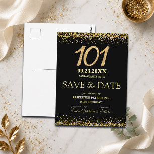 Zwarte Goud Glitter 101e Verjaardag Save the Date Briefkaart