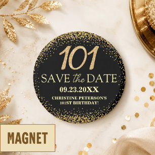Zwarte Goud Glitter 101e Verjaardag Save the Date Magneet