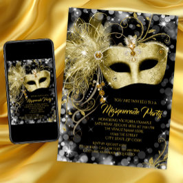 Zwarte Goud Glitter Maskerade Feest Kaart
