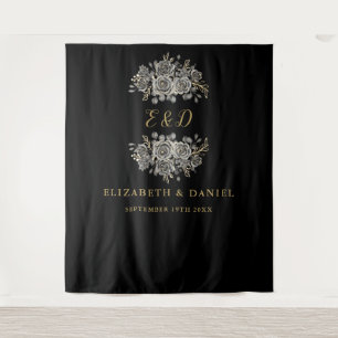 Zwarte Goud Goth Bloemrijke Monogram Huwelijk Wandkleed