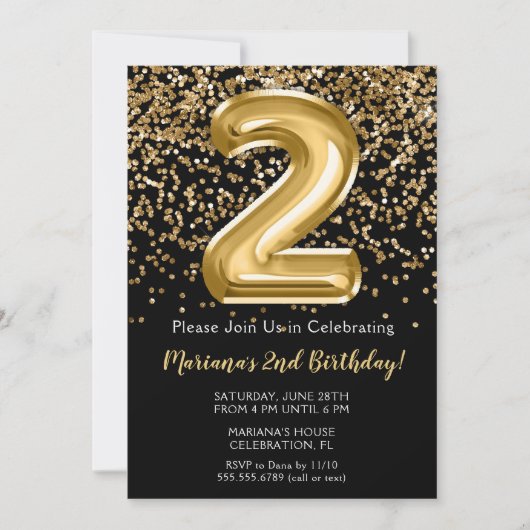 Zwarte Goud Kiddie Meisje 2e Verjaardagsfeest Uitn Kaart (Voorkant)