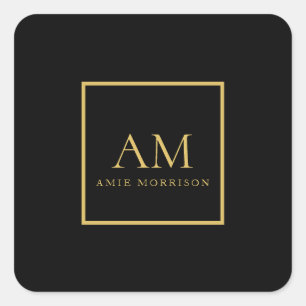Zwarte Goud Kleuren Monogram Eerste Letter Naam Vierkante Sticker