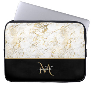 Zwarte Goud & Marmer Monogram Elegante Luxe Laptop Sleeve
