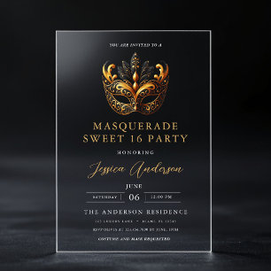 Zwarte Goud Masquerade Sweet 16 Verjaardagsfeestje Acryl Uitnodigingen