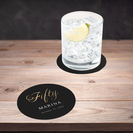 Zwarte goud naam script 50ste verjaardag ronde kartonnen onderzetter