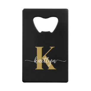 Zwarte Goud Schrift Monogram Kredietkaart Flessenopener