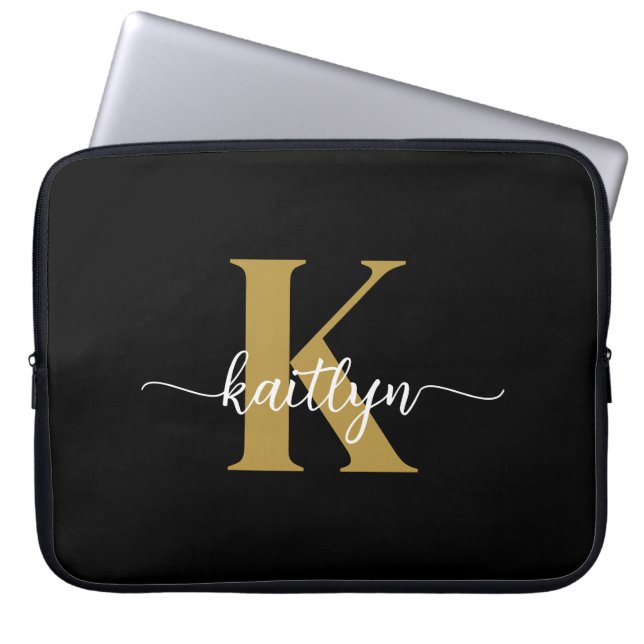 Zwarte Goud Schrift Monogram Laptop Sleeve (Voorkant)