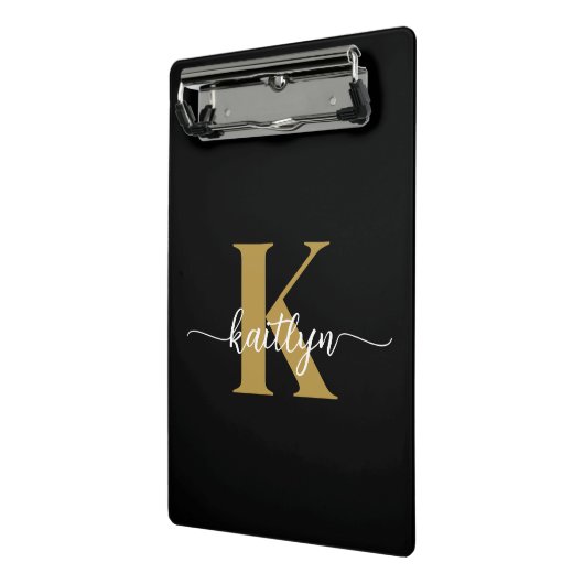 Zwarte Goud Schrift Monogram Mini Klembord (Angled2)