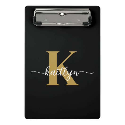 Zwarte Goud Schrift Monogram Mini Klembord (Voorkant)