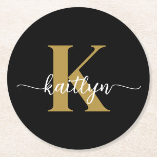 Zwarte Goud Schrift Monogram Ronde Kartonnen Onderzetter