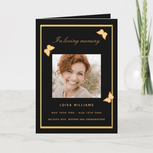 Zwarte goud vlinders foto rouwprogramma kaart (Voorkant)