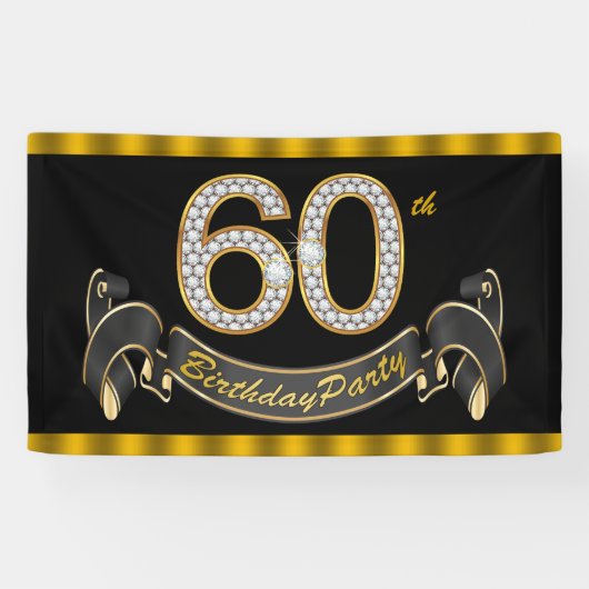 Zwarte Gouden 60e Verjaardagsfeest Spandoek (Horizontaal)