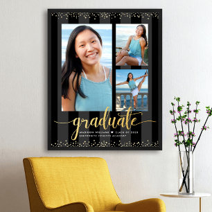 Zwarte Gouden Afstudeerfeest 3 Foto Glitter Script Poster