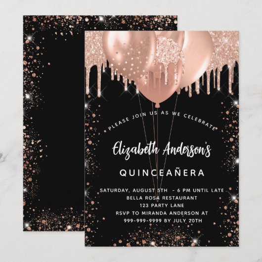 Zwarte gouden ballonnen van Quinceanera-roos glitt Kaart (Voorkant / Achterkant)