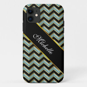 Zwarte Gouden Blauwgroen Zigzag iPhone 11 Hoesje