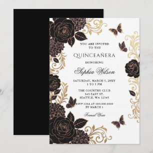 Zwarte Gouden Bloem Vlinder Quinceañera Kaart