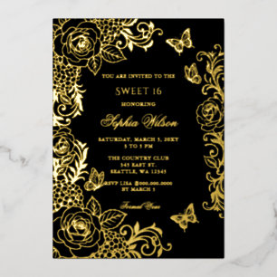 Zwarte Gouden Bloem Vlinder Sweet 16 Folie Uitnodiging