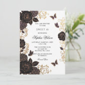 Zwarte Gouden Bloem Vlinder Sweet 16 Kaart (Staand voorkant)