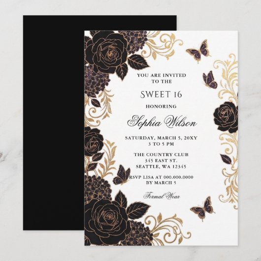 Zwarte Gouden Bloem Vlinder Sweet 16 Kaart (Voorkant / Achterkant)