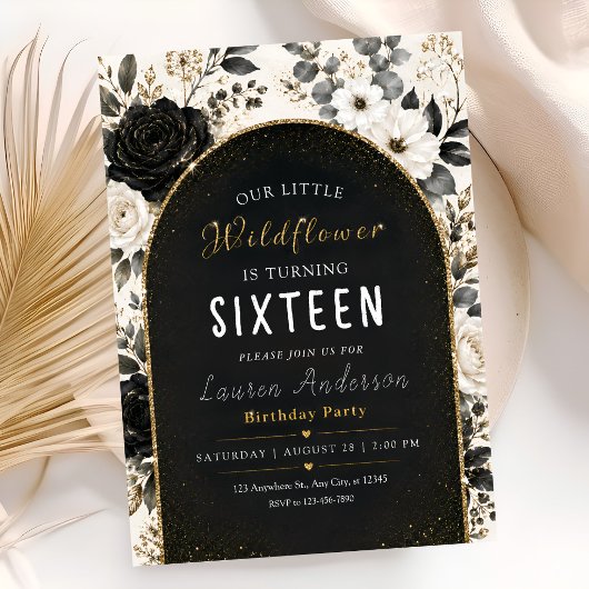 Zwarte Gouden Bloemen 16e Verjaardag Kaart