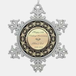 Zwarte Gouden Bloemendiamant 50ste Huwelijksverjaa Tin Sneeuwvlok Ornament