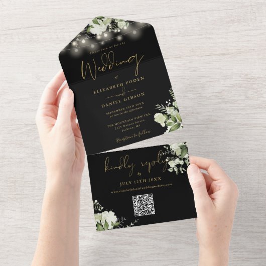 Zwarte Gouden Bloemenslinger Lichtjes QR Code Trou All In One Uitnodiging (Afscheurbaar)