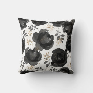 Zwarte Gouden Bloemrijke Glam Bladeren Shabby Chic Kussen
