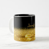 Zwarte gouden boegnaam elegant script tweekleurige koffiemok (Voorkant links)