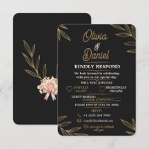 Zwarte Gouden Botanische RSVP Kaart Bewerkbaar