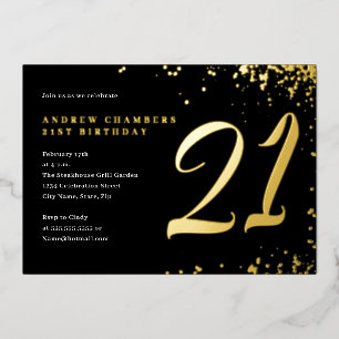 Zwarte Gouden Confetti 21e Verjaardag Folie Uitnodiging