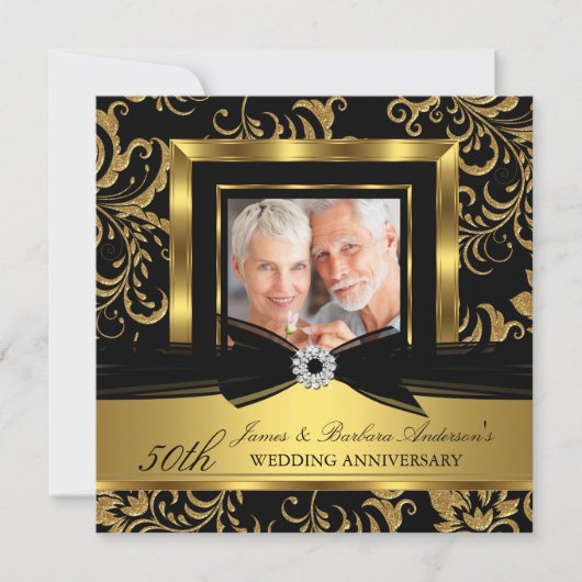 Zwarte Gouden Damast Foto 50ste Huwelijksverjaarda Kaart (Voorkant)
