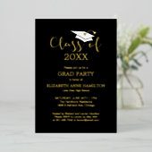 Zwarte gouden einfeest voor middelbare scholieren folie uitnodiging (Staand Voorkant)
