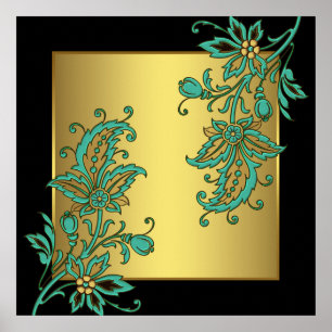 Zwarte Gouden Elegante Bloemstukken Muur Kunstprin Poster